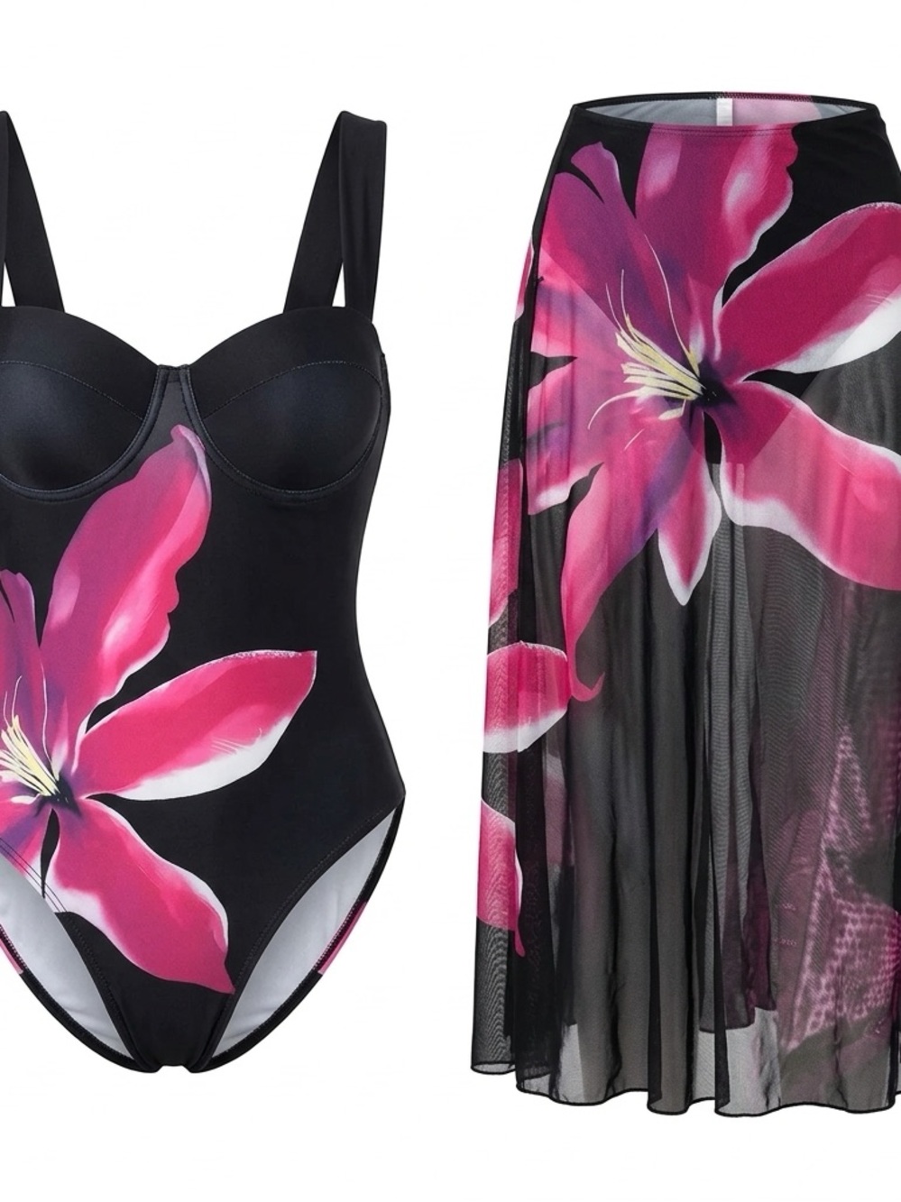 Black One-Piece Swimsuit with Pink Floral Accent with coverup.